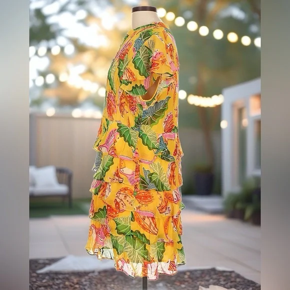 Farm Rio Anthropologie • Tiered Beaks & Bananas Dress • sz Large - Picture 7 of 10